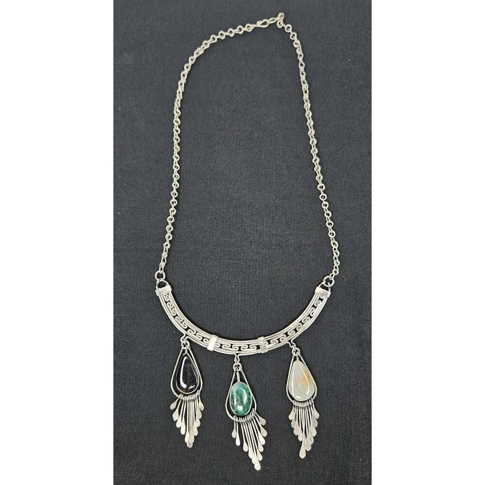 Vtg Boho Western Artisan Multi-Stone Fringe Collar 14" Necklace Choker Costume